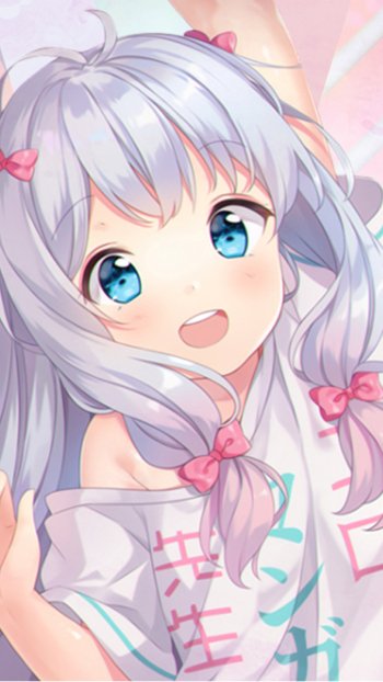 Phone wallpaper of Sagiri Izumi from EroManga-Sensei — close-up smiling with silver hair tied in pink bows and bright blue eyes.