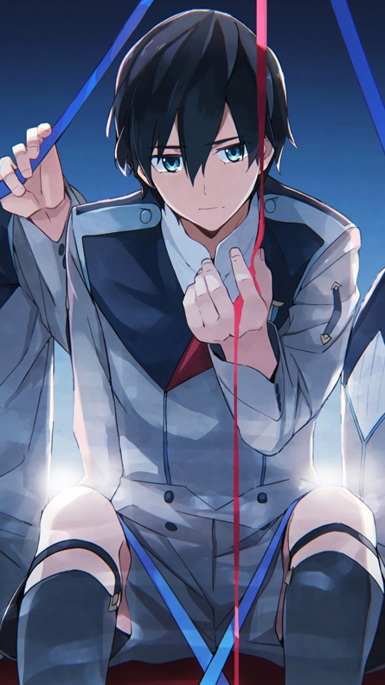 Phone wallpaper of Hiro (Darling in the FranXX) seated in his blue-white uniform, holding red and blue ribbons against a dark gradient background.
