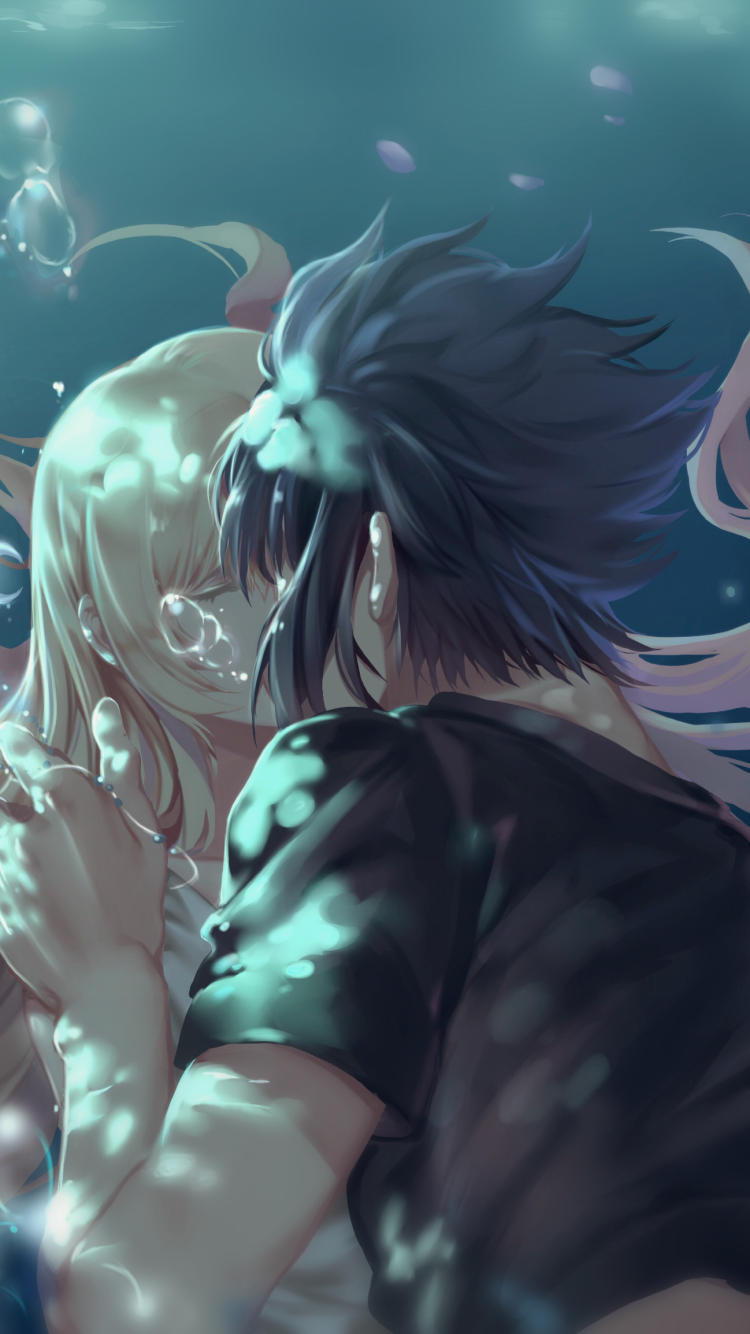 A romantic underwater kiss between Lunafreya Nox Fleuret and Noctis Lucis Caelum from Final Fantasy XV, styled as a phone wallpaper for iPhone and Android.