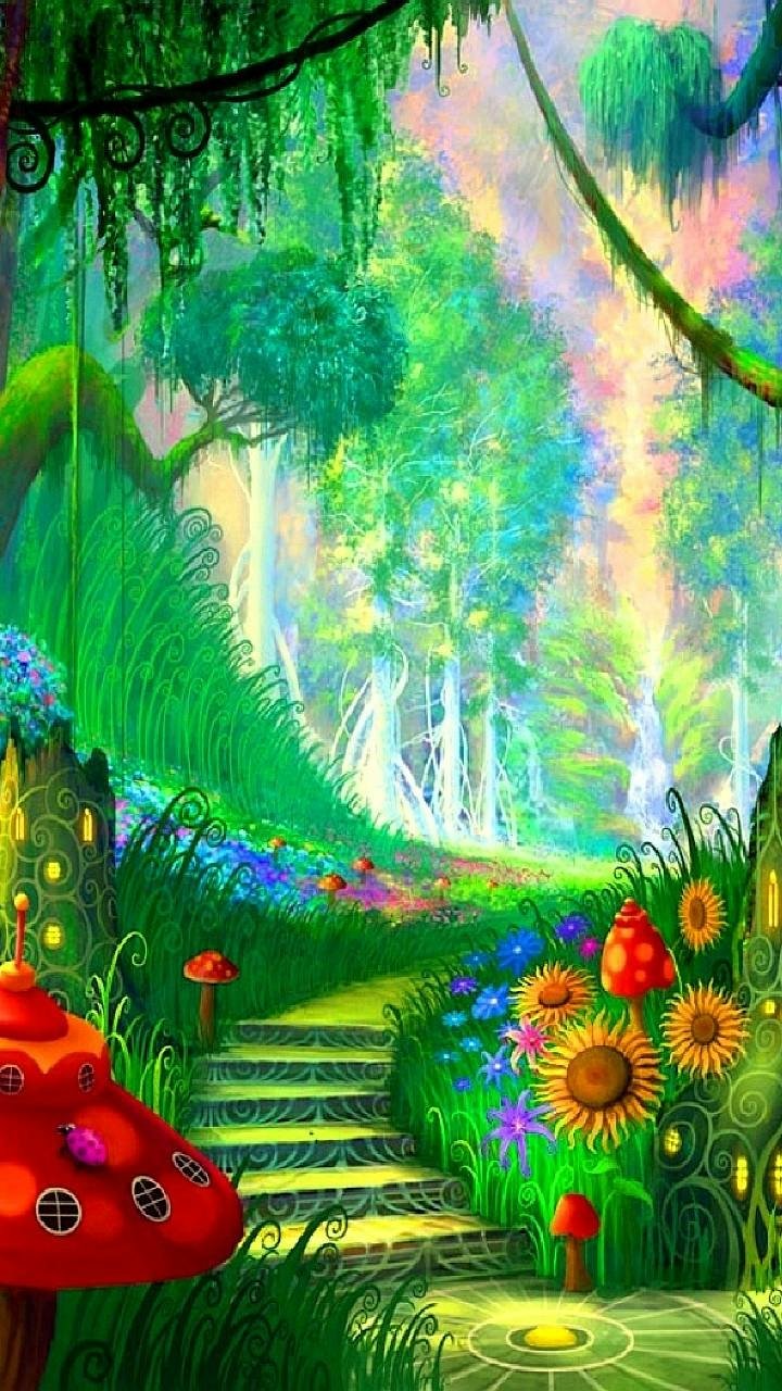 Download Colorful Tree Mushroom Fantasy Forest Phone Wallpaper