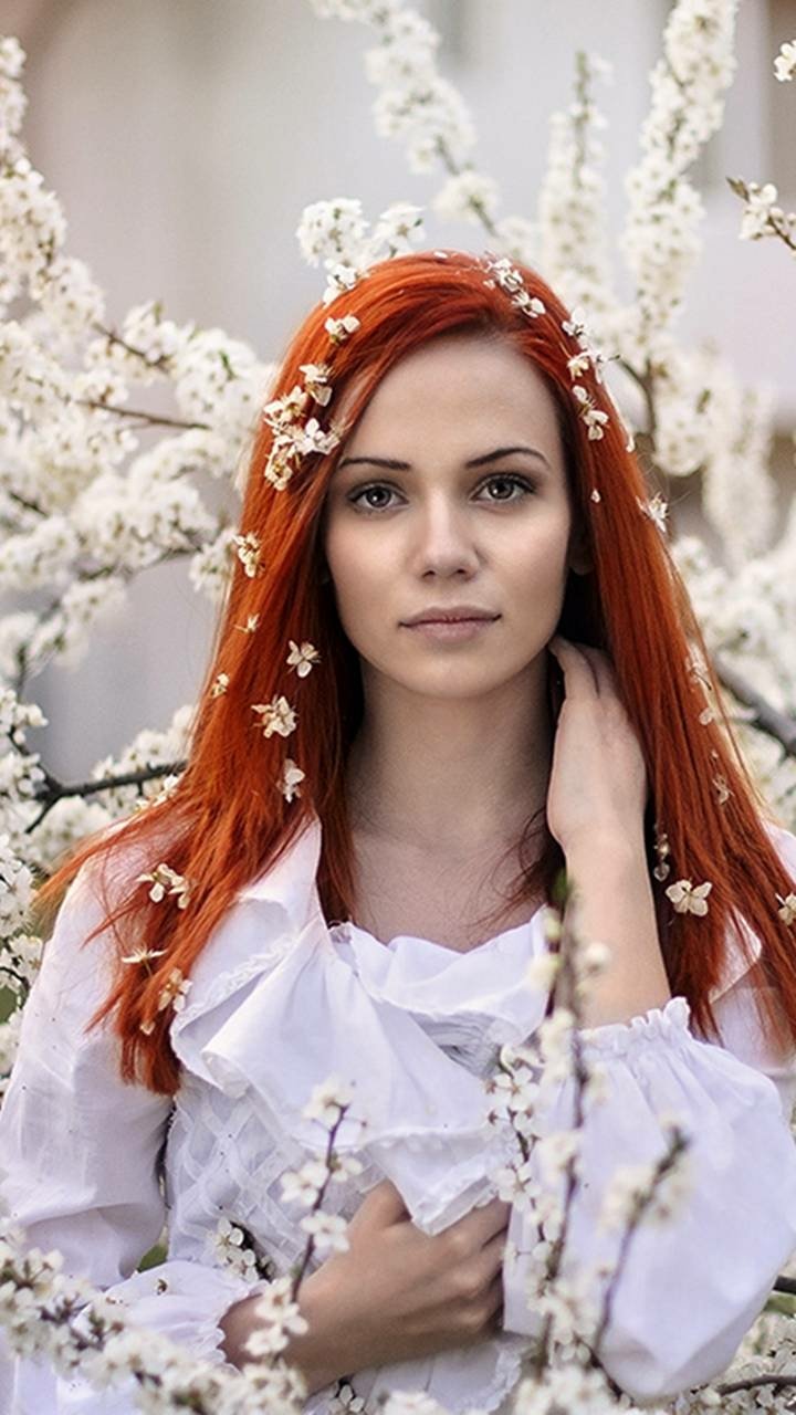 Download White Tree Blossom Redhead Woman Photography Phone Wallpaper