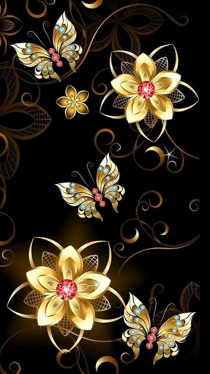 Download Gold Jewelry Butterfly Artistic Flower Phone Wallpaper
