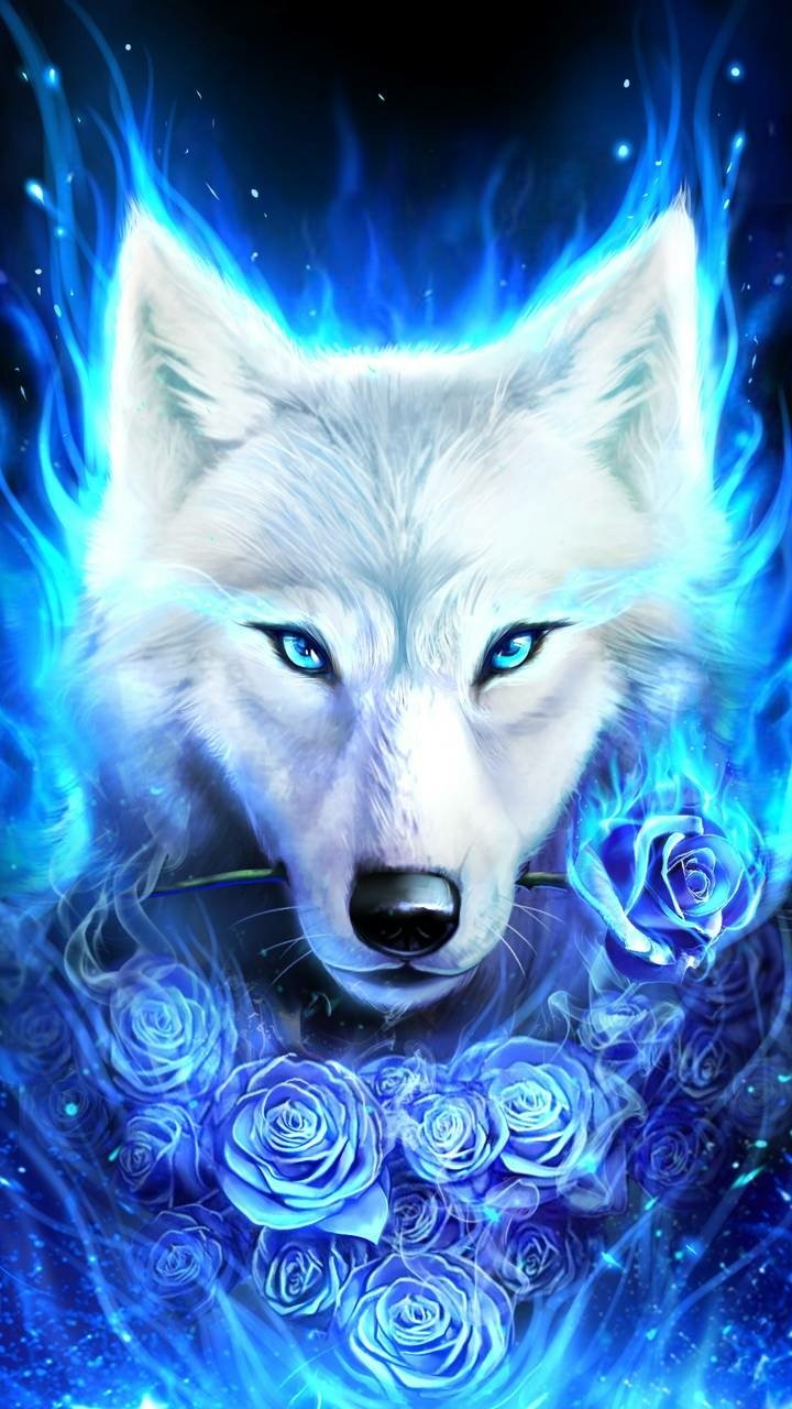 Phone wallpaper of a white wolf with glowing blue eyes, surrounded by blue flowers and roses and wreathed in ethereal blue flames in a vivid fantasy scene.