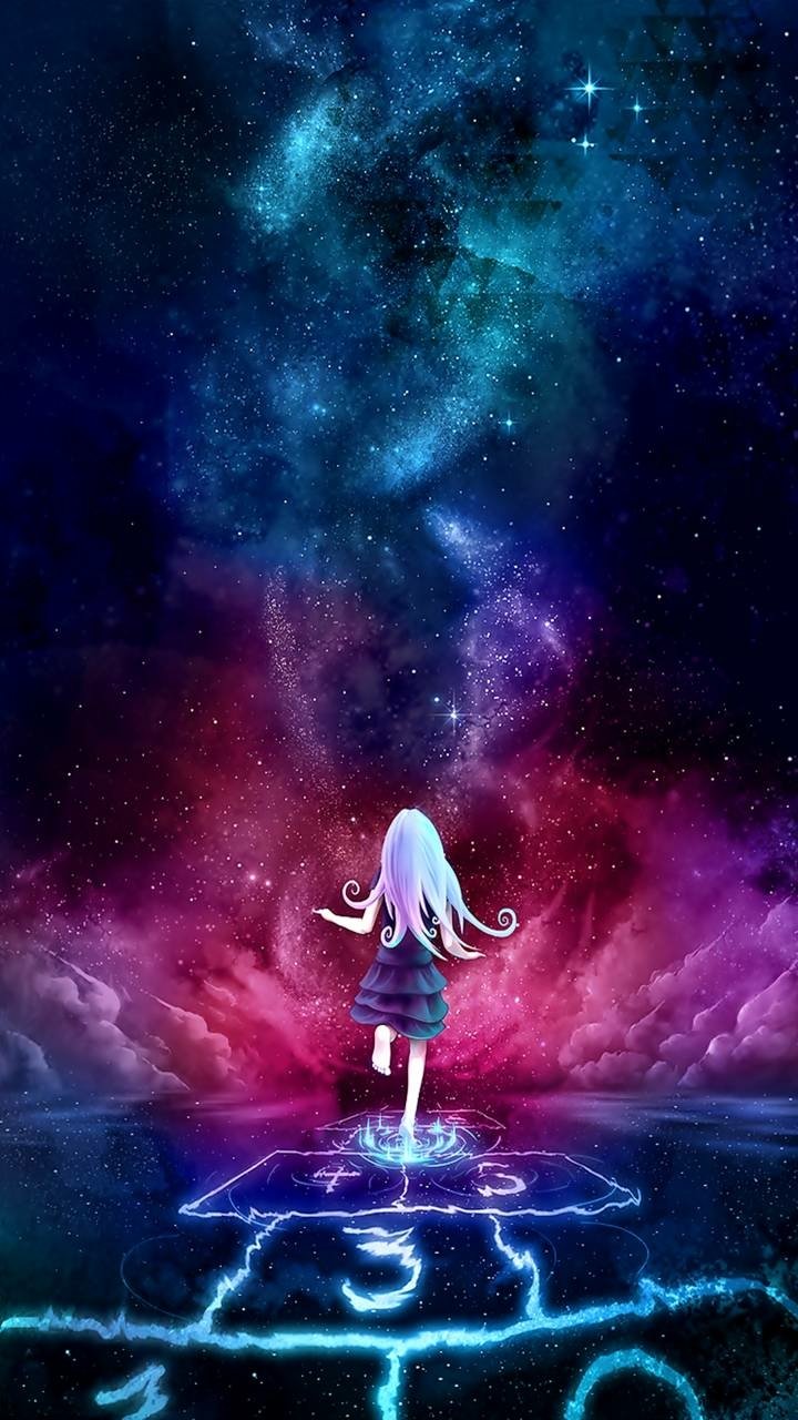 Anime girl with flowing hair stands on glowing hopscotch under a vibrant, starry sky, creating a dreamy sky anime phone wallpaper for iPhones and Android devices.