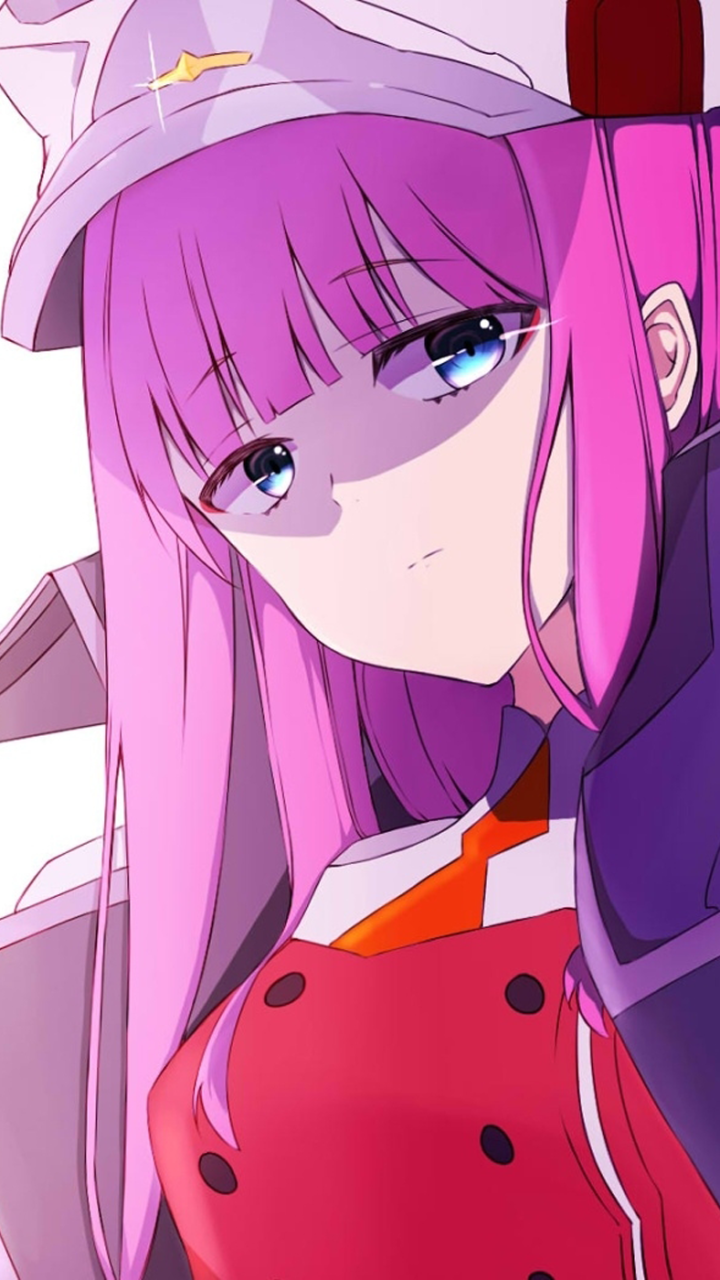 Download Hat Coat Zero Two (Darling In The FranXX) Blue Eyes Uniform Lollipop Pink Hair Long Hair Anime Darling In The FranXX Phone Wallpaper