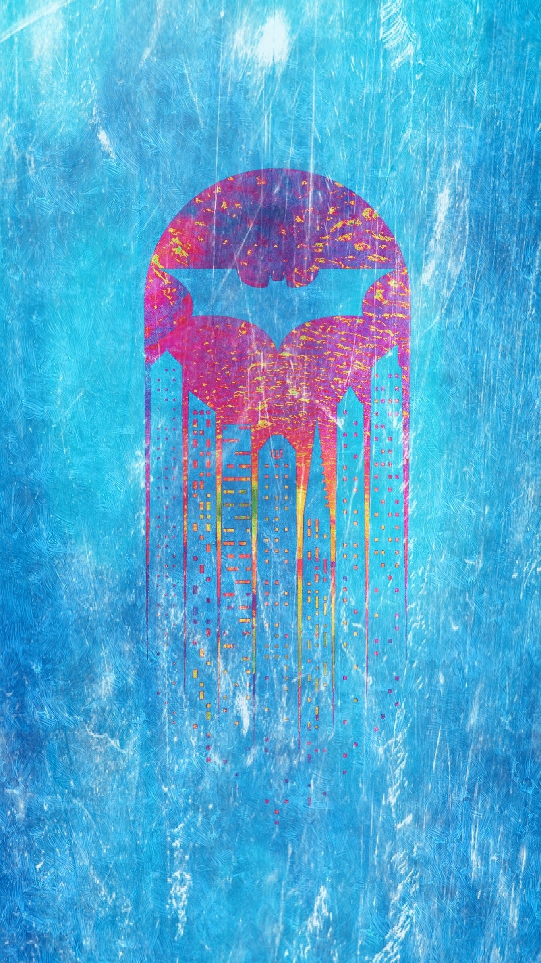 Comic Batman emblem dripping neon paint against a textured blue background, composed as a vertical phone wallpaper.
