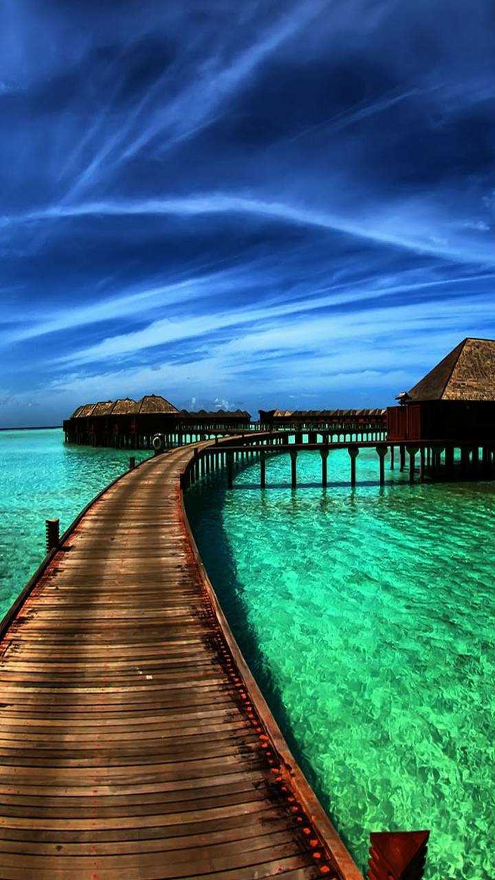 Download Tropical Bungalow Pier Man Made Resort Phone Wallpaper