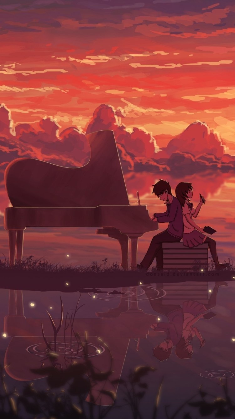 Original anime sunset phone wallpaper: two figures beside a grand piano by a reflective pond, silhouetted against a warm, glowing orange sky.