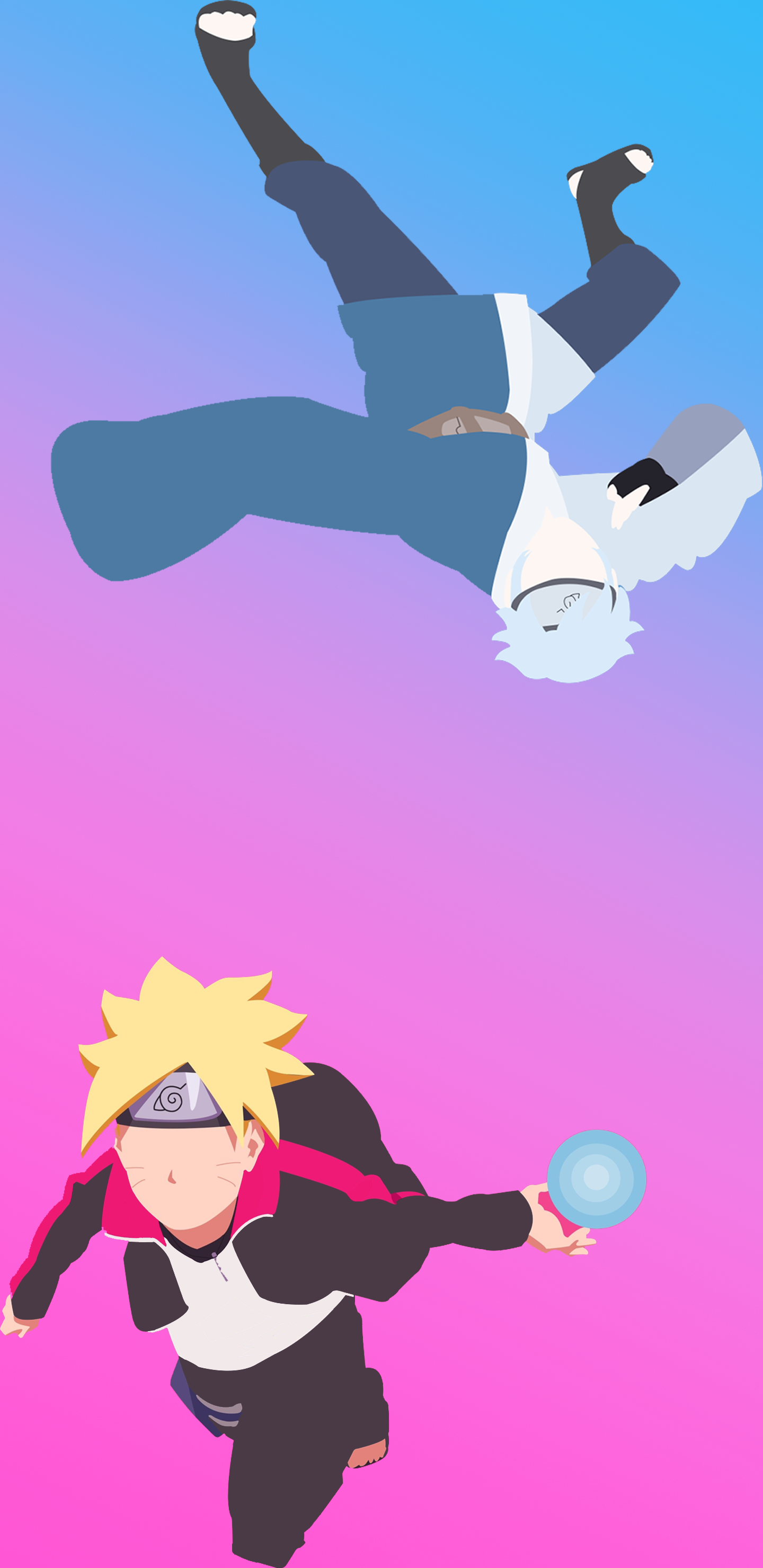 Anime phone wallpaper featuring Boruto and Mitsuki in a dynamic aerial pose against a blue-to-pink gradient; Boruto reaches forward with a glowing Rasengan while Mitsuki floats above.
