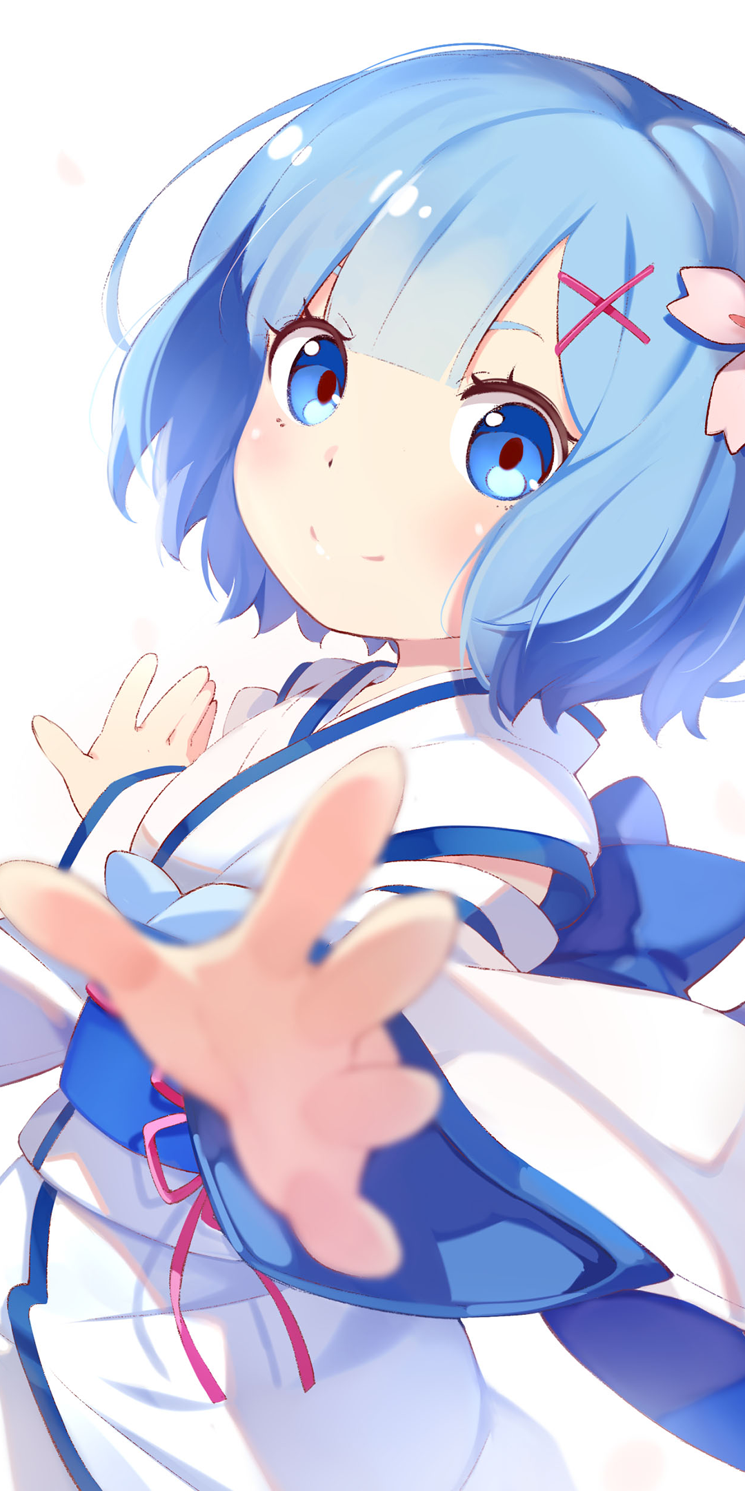 Phone wallpaper of Rem from Re:Zero — short blue hair, blue eyes, anime-style, reaching toward the viewer on a soft white background.