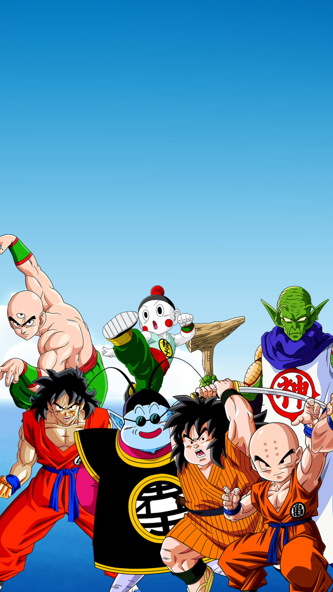 Phone wallpaper showing Anime Dragon Ball Z characters gathered at the bottom—Goku, Piccolo, Krillin, Tien, Chiaotzu and teammates posing against a bright blue gradient sky.