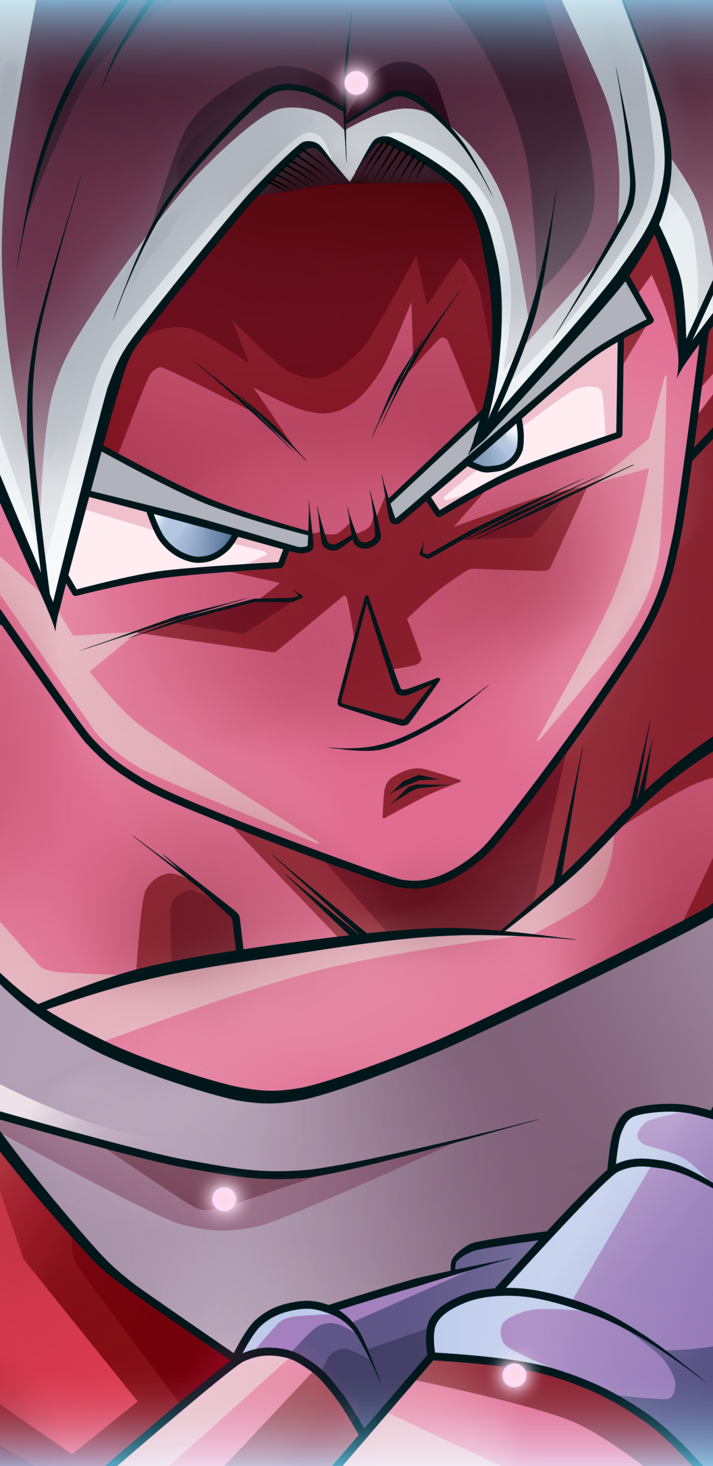 Phone wallpaper of Goku from Dragon Ball Super: anime close-up with silver hair, fierce expression and red-tinted lighting.