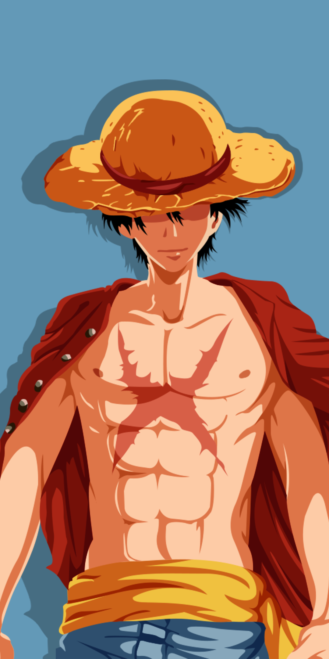 Phone wallpaper depicting Monkey D. Luffy from the anime One Piece, featuring his iconic straw hat, open red vest, and muscular torso on a blue background.