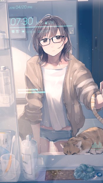 toothbrush brown eyes brown hair short hair glasses bathroom mirror cat Anime Original anime cat Phone Wallpaper