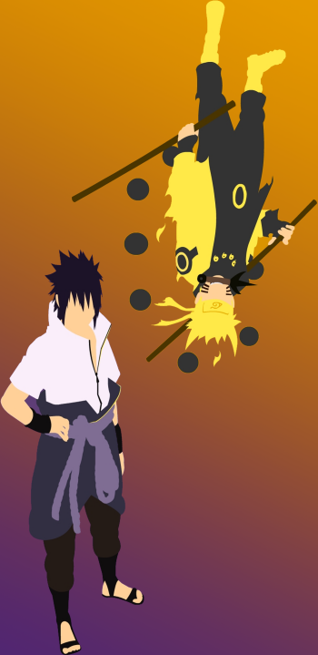 Anime phone wallpaper showing Naruto in a yellow chakra cloak upside-down above a standing Sasuke with purple rope sash, set against a warm orange-to-purple gradient background.