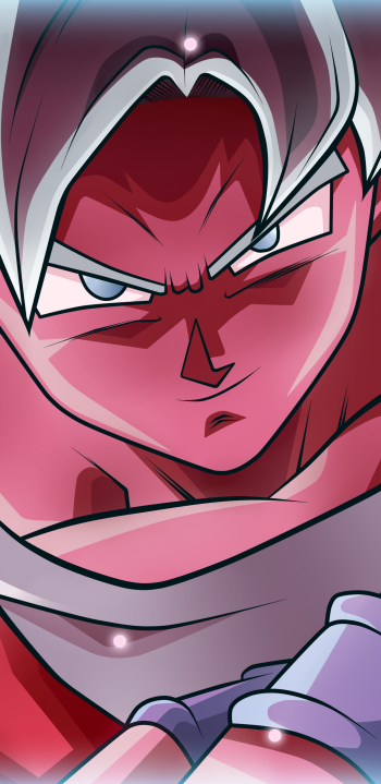 Phone wallpaper of Goku from Dragon Ball Super: anime close-up with silver hair, fierce expression and red-tinted lighting.