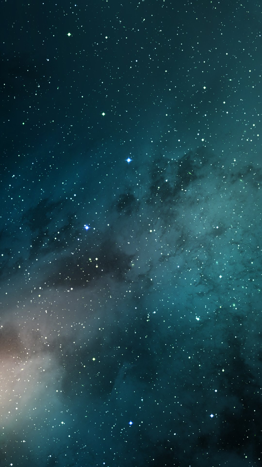 Vertical phone wallpaper of a sci-fi space scene: teal nebula clouds and countless stars stretching into deep cosmic depths.