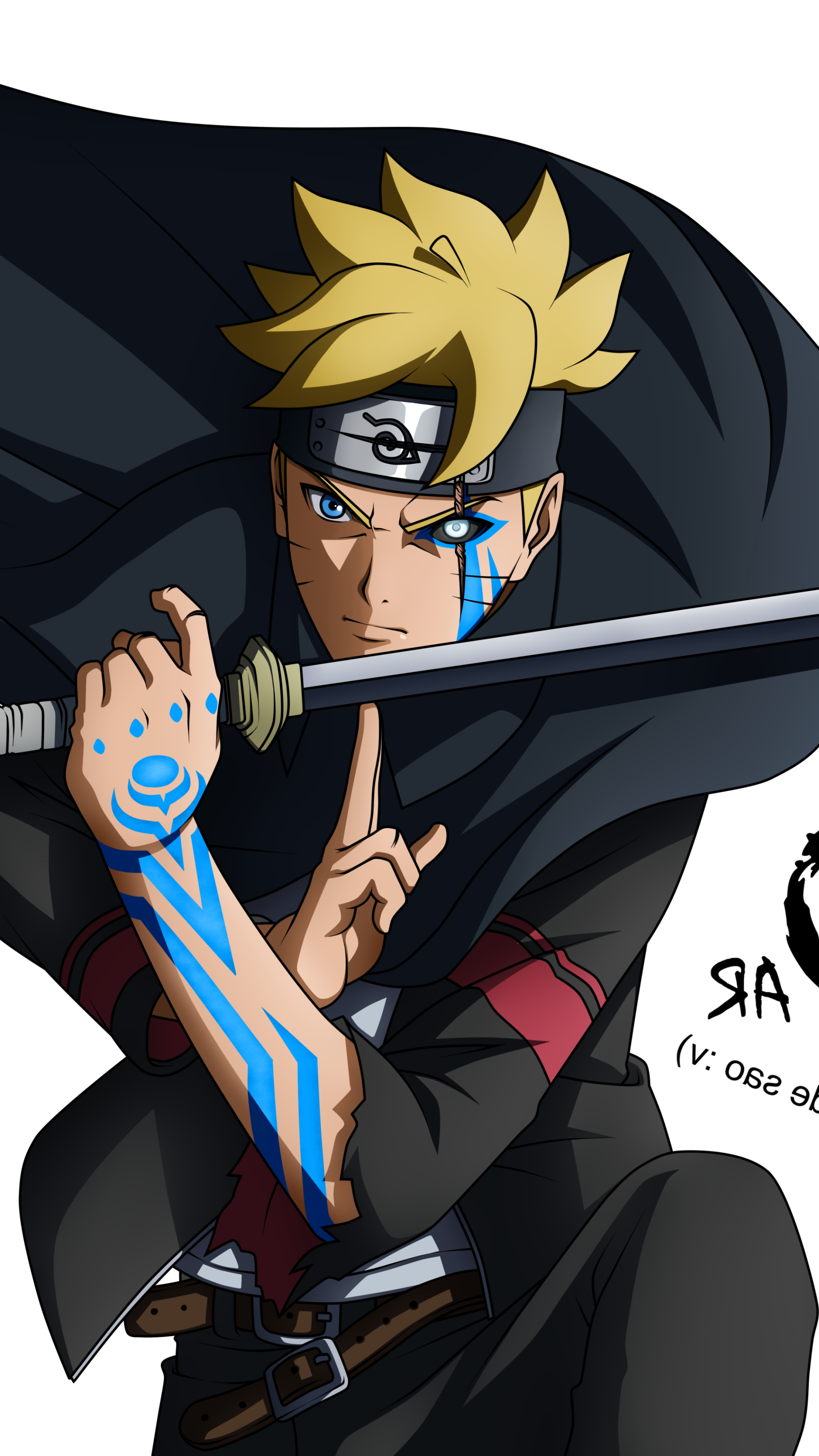 Boruto Uzumaki from the anime Boruto, holding a sword with glowing blue markings, featured as a dynamic phone wallpaper for iPhone and Android.