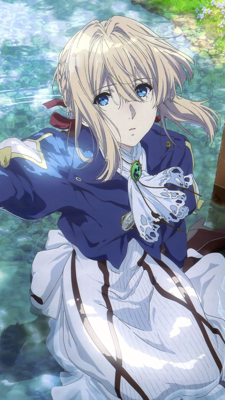 Phone wallpaper featuring Violet Evergarden from the anime, showcasing her blue eyes and detailed outfit against a serene, nature-inspired background. Compatible with iPhone and Android.