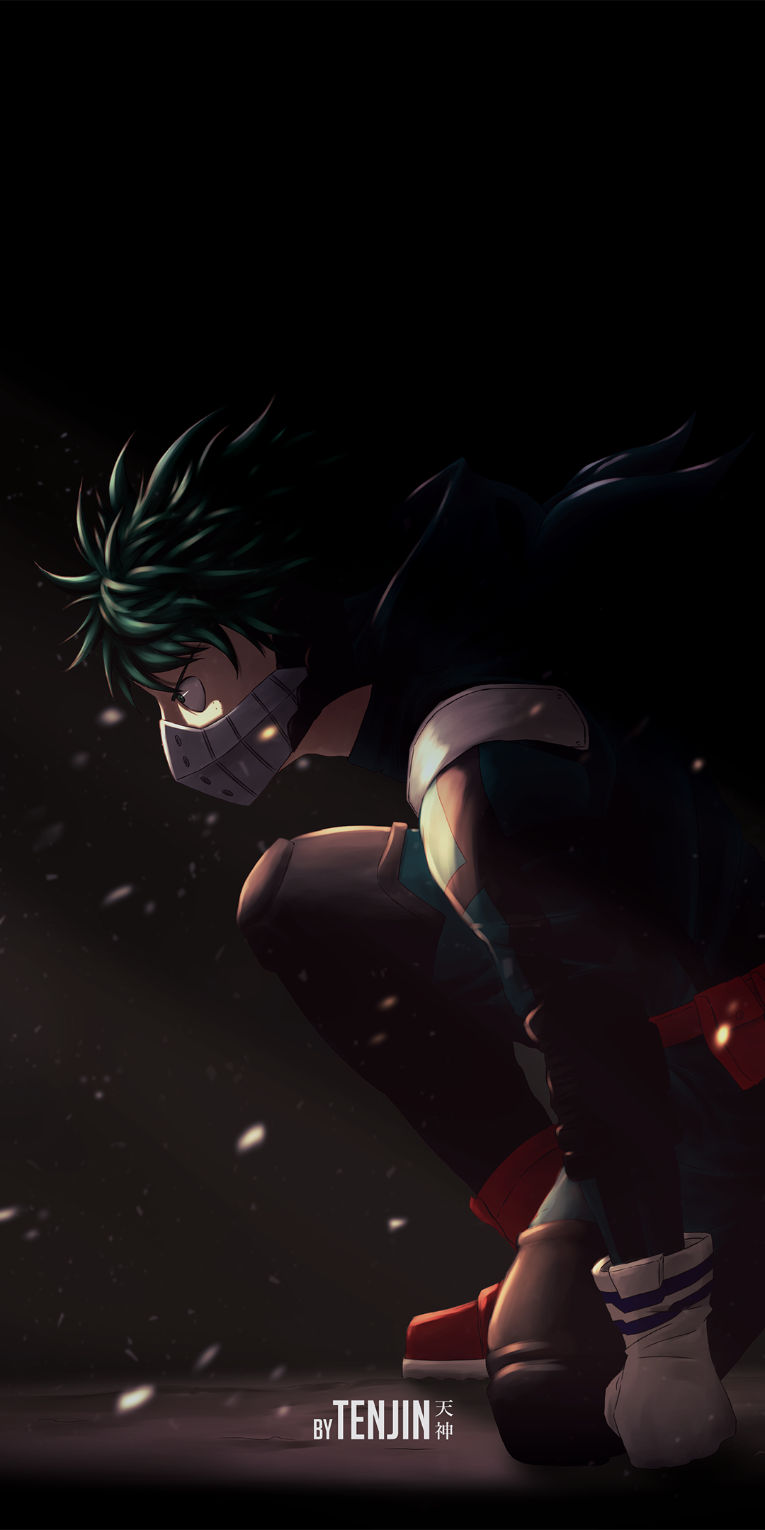 Phone wallpaper featuring Izuku Midoriya from My Hero Academia in a dark, intense pose, compatible with both iPhone and Android devices.