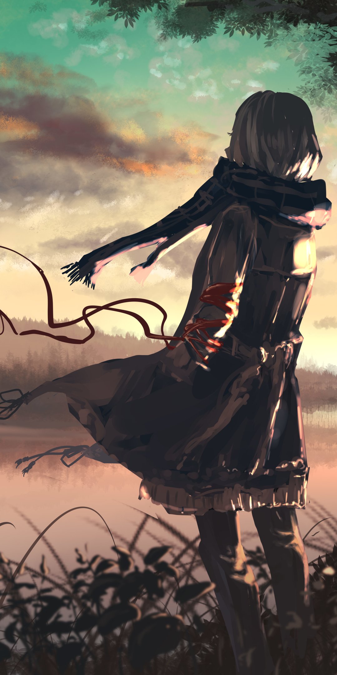 Anime original phone wallpaper for iPhone and Android: a lone, windblown girl in a dark coat and scarf stands on a grassy hill beneath a dramatic dusk sky.