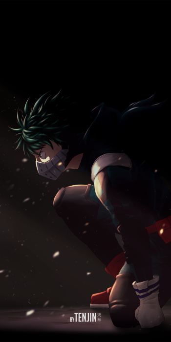 Phone wallpaper featuring Izuku Midoriya from My Hero Academia in a dark, intense pose, compatible with both iPhone and Android devices.