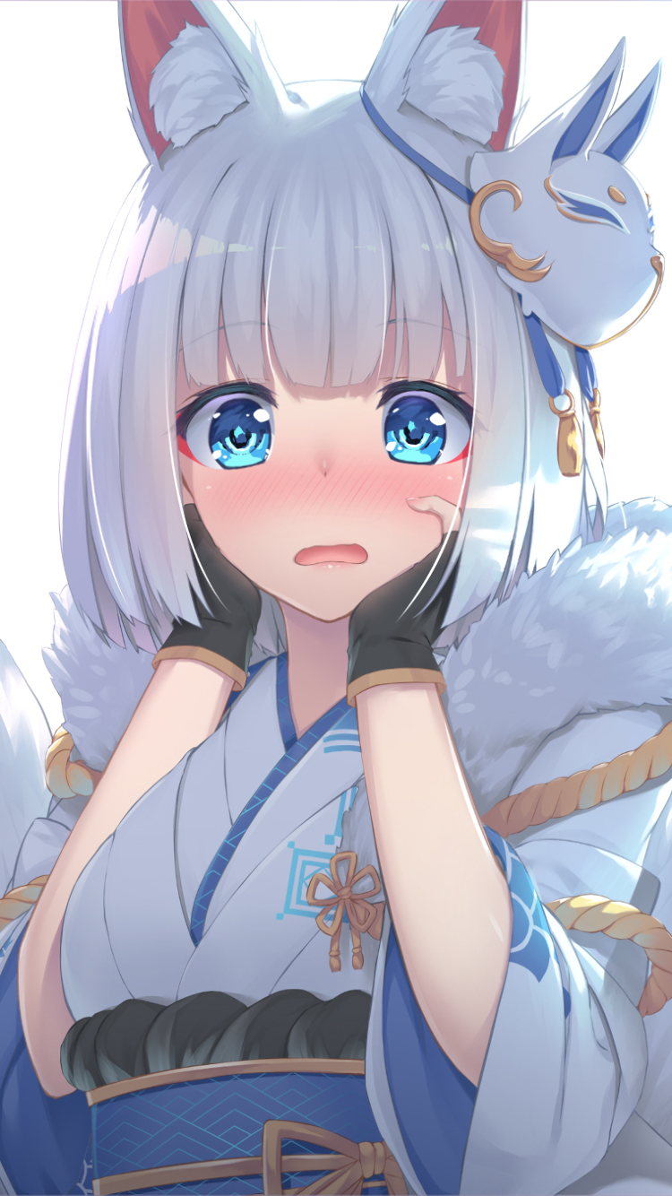 Phone wallpaper of Kaga (Azur Lane): anime portrait of a blushing blue-eyed fox-eared girl in a white-blue kimono with a fox mask accessory.