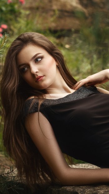Russian bokeh brunette black dress dress woman model Phone Wallpaper