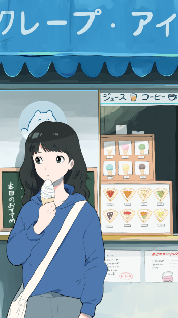 black hair long hair hoodie ice cream Anime Original Phone Wallpaper