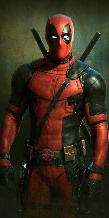 Comic-style Deadpool stands ready with swords on his back, designed as a vibrant phone wallpaper compatible with both iPhone and Android screens.