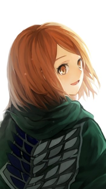 Phone wallpaper featuring Petra Ral from Attack on Titan: anime portrait with warm smile, brown hair, Survey Corps green cloak and winged emblem.