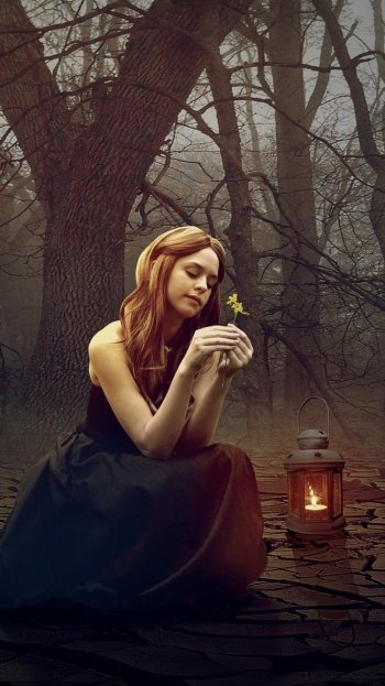 black dress forest mood lantern fantasy woman Phone Wallpaper