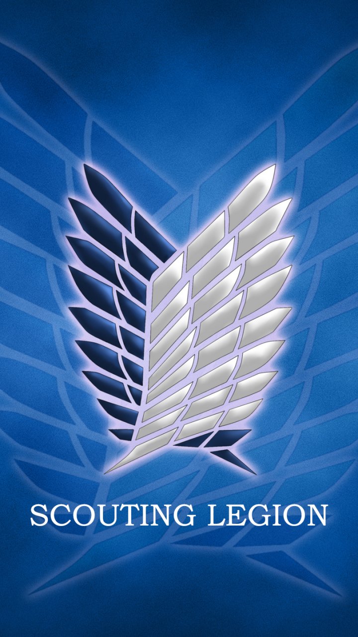 Anime-style Attack on Titan-themed phone wallpaper featuring the Scouting Legion wings emblem on a blue background, designed for iPhone and Android screens.