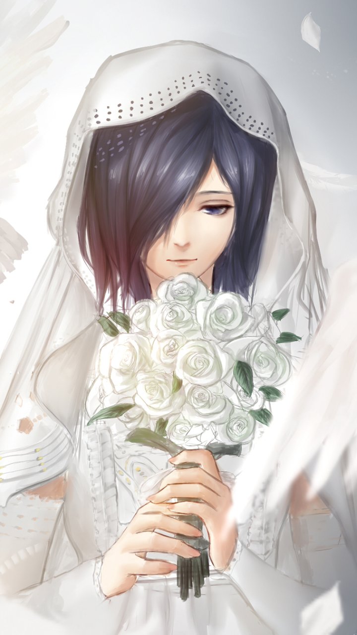 Touka Kirishima from Tokyo Ghoul — anime phone wallpaper: she wears a white veil and holds a bouquet of white roses, gentle expression as feathers drift around her.