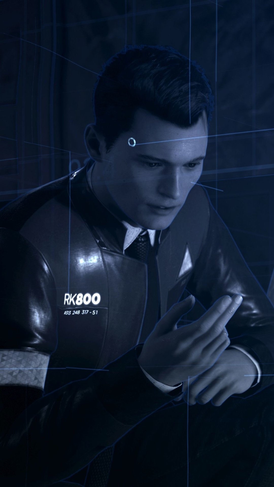 Blue-toned phone wallpaper of an RK800 android from Detroit: Become Human, examining a handheld device — for iPhone and Android screens.