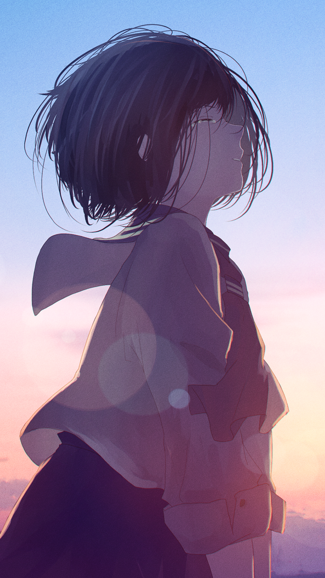 Download Wind Turbine Tears Black Hair Short Hair Anime Original Anime Sunset Phone Wallpaper