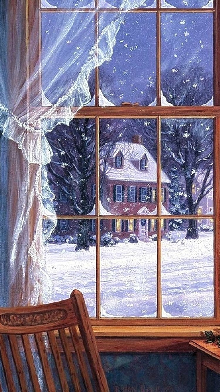 Download Curtain Window House Snow Artistic Winter Phone Wallpaper