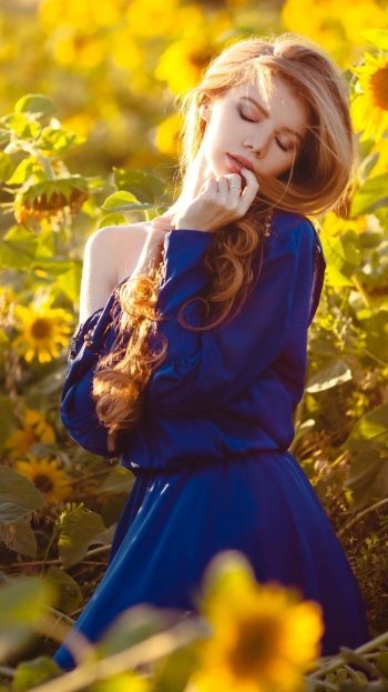 sunny redhead blue dress summer flower yellow flower sunflower model woman mood Phone Wallpaper