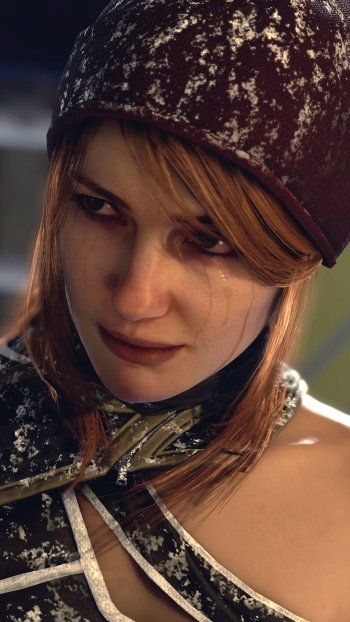 Phone wallpaper — close-up of Kara from Detroit: Become Human, snow-dusted hood, tear-streaked cheek and somber expression.