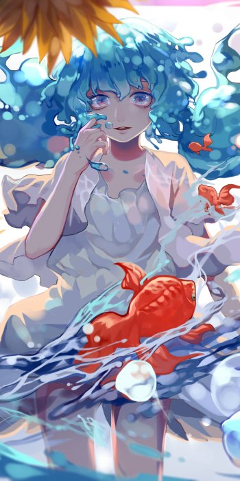 Phone wallpaper of Hatsune Miku (Vocaloid) in anime style: teal twin-tailed girl in a white dress, wading through water with floating goldfish and sunlit waves in dreamy pastel colors.