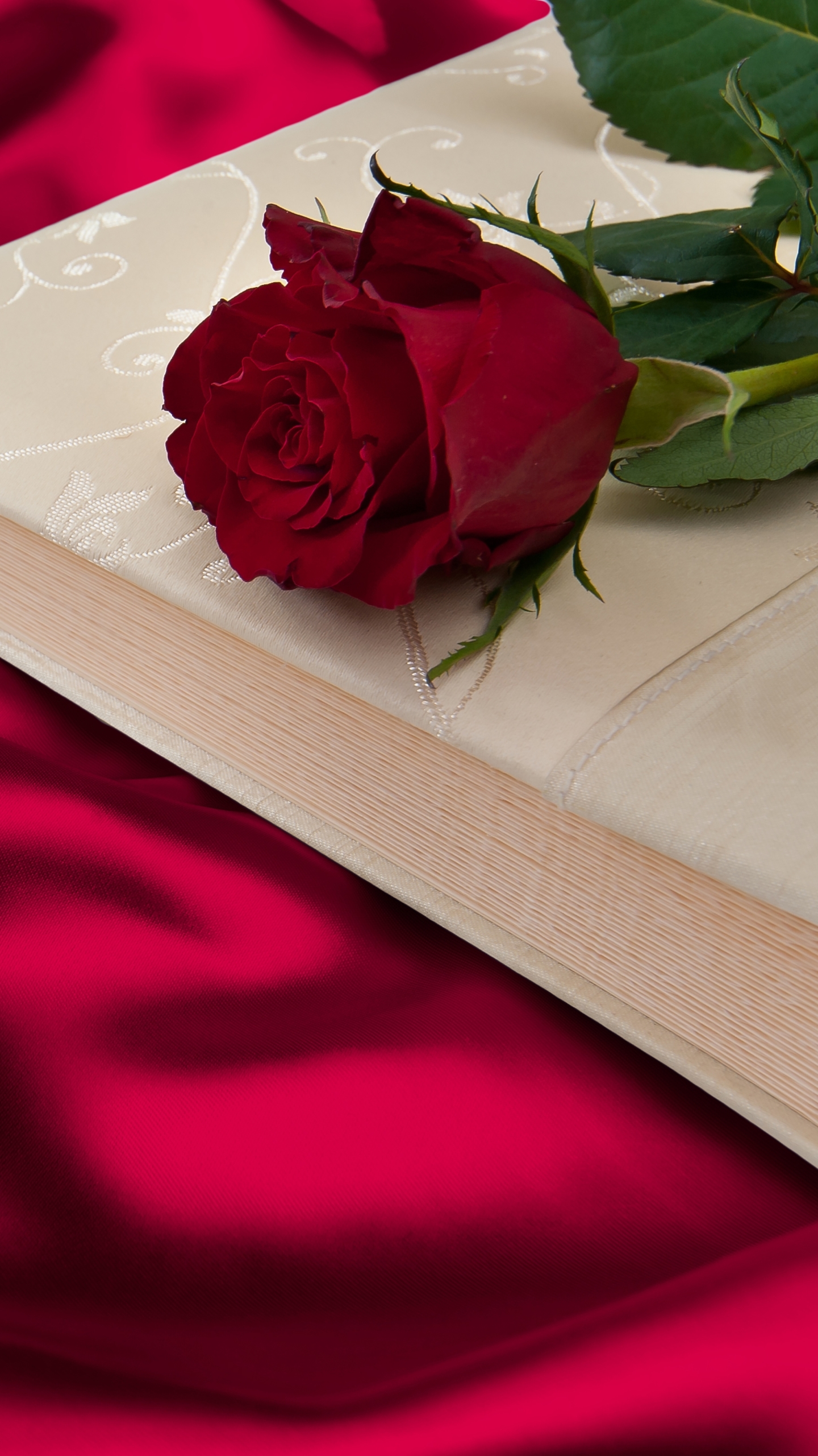 Red Rose and Book on Satin