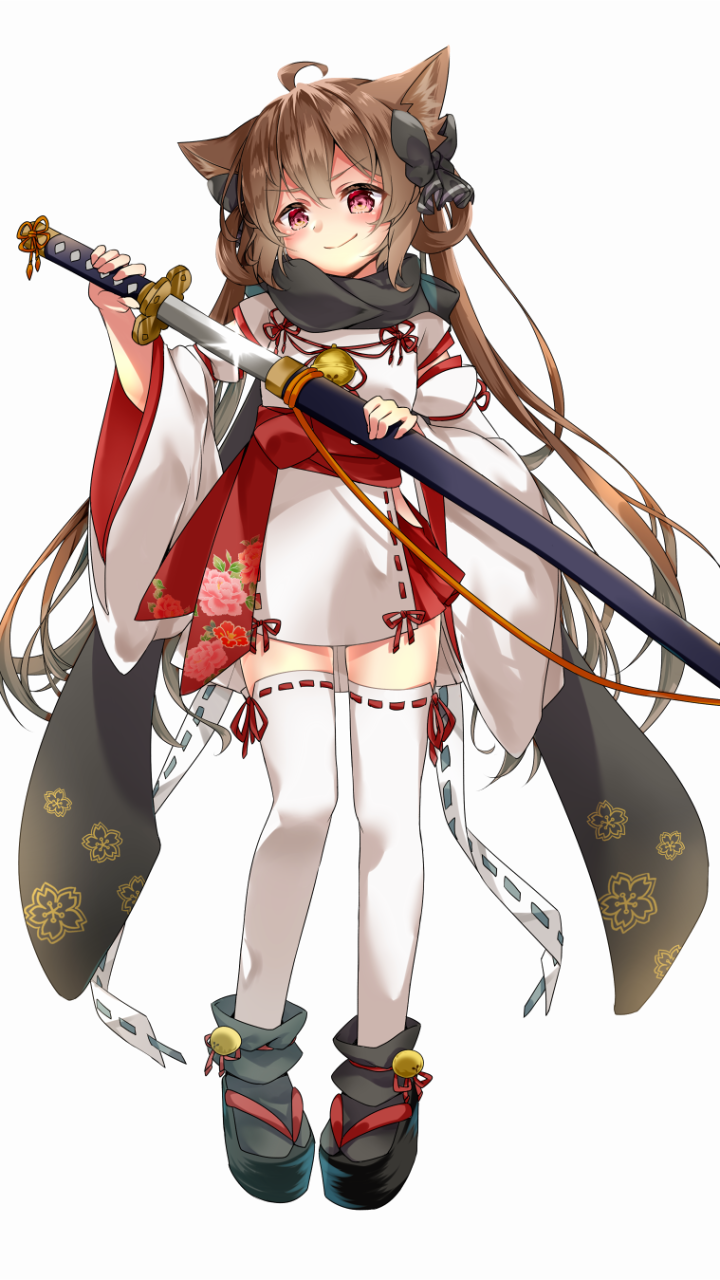 Phone wallpaper: original anime nekomimi girl with red eyes, cat ears and long hair in Japanese-style clothes, thigh-highs, holding a sheathed katana.