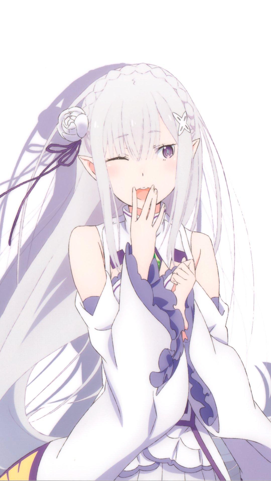 Phone wallpaper of Emilia from Re:Zero - Starting Life in Another World, anime portrait winking with long white hair, purple eyes, and a small floral hairpin.
