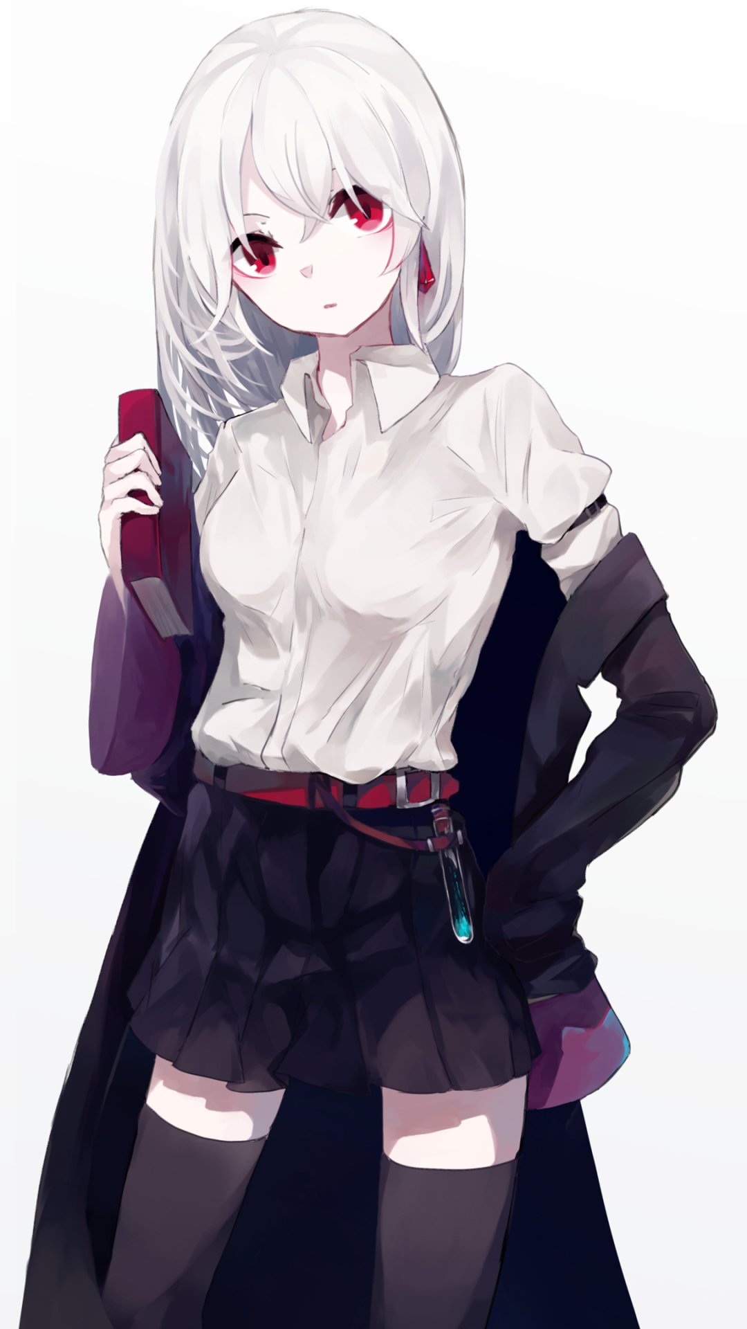 Anime original phone wallpaper: white-haired, red-eyed girl in a white blouse, black skirt and coat, holding a red phone, hands in pockets.