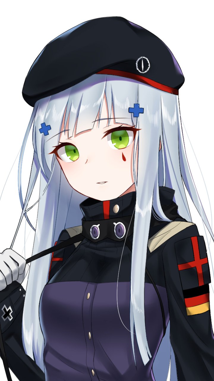 Phone wallpaper of HK416 from the video game Girls' Frontline: silver-haired, green-eyed rifle girl in a black beret and dark uniform, wearing a red cross armband and holding a strap.