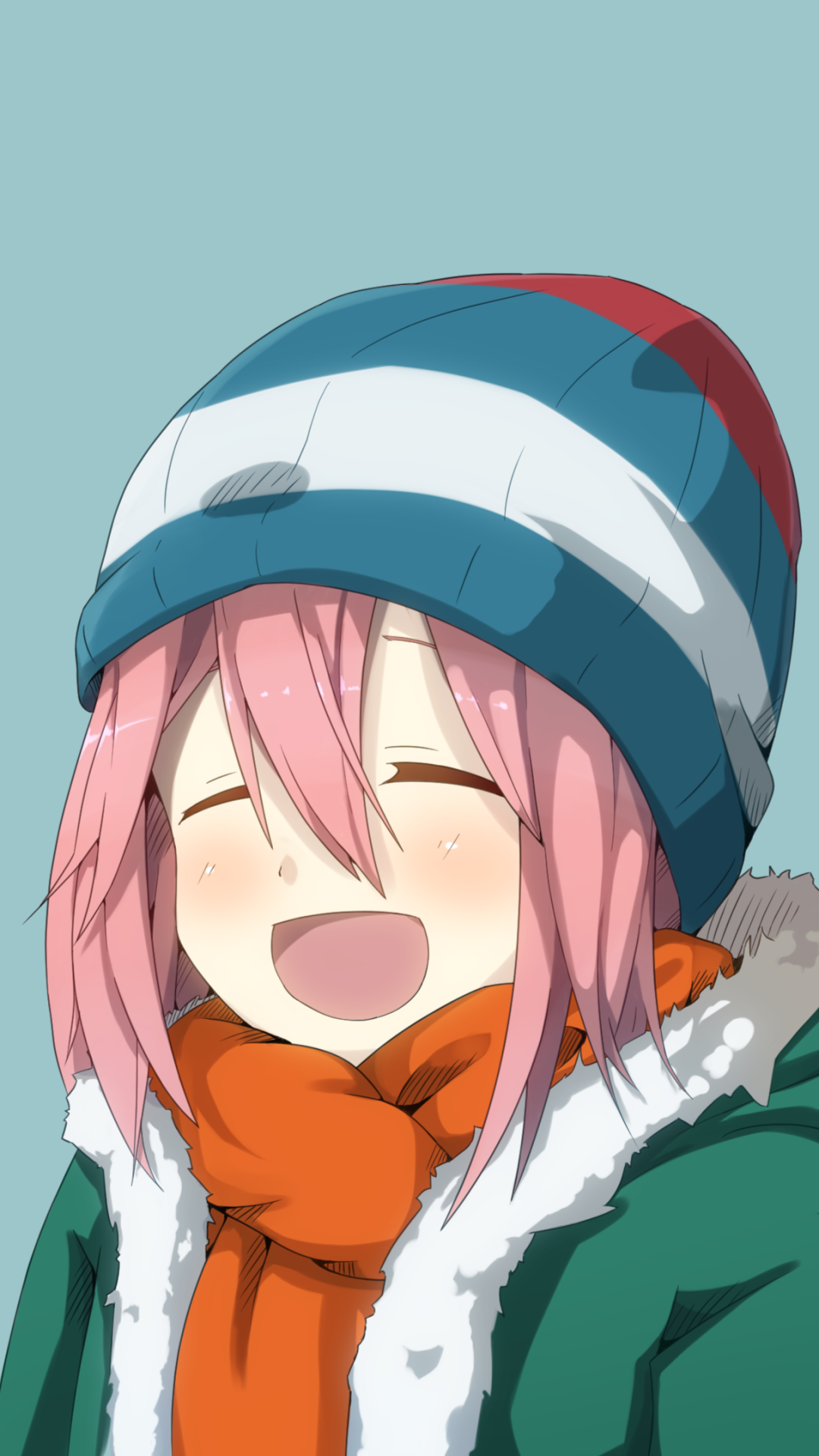 Phone wallpaper of Nadeshiko Kagamihara from the anime Laid-Back Camp: smiling, rosy-cheeked, pink-haired girl in a striped beanie, orange scarf and green coat.