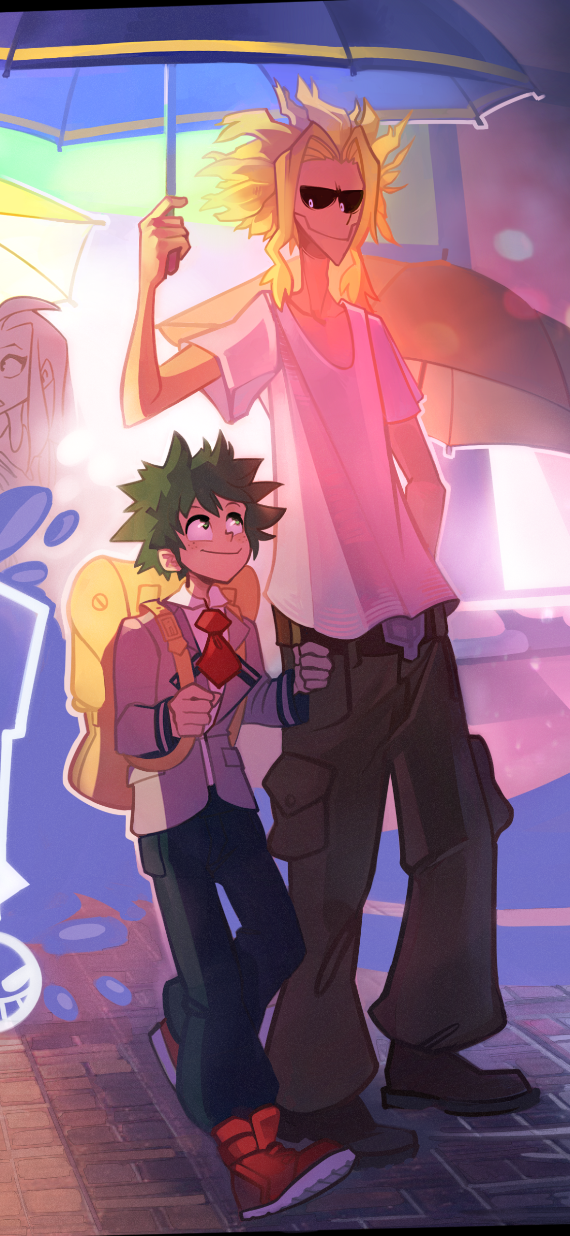 Anime-style My Hero Academia phone wallpaper featuring All Might holding an umbrella over a school-uniformed Deku, designed for iPhone and Android screens.