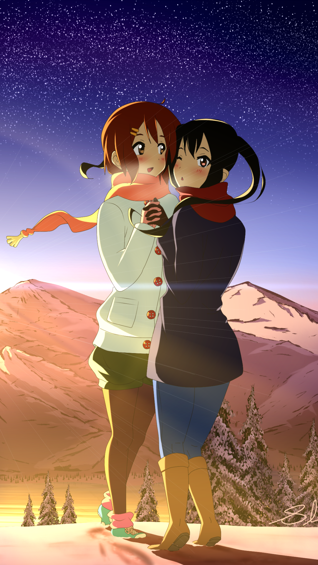 Phone wallpaper of K-ON! characters Yui Hirasawa and Azusa Nakano sharing a scarf, embracing on a snowy slope beneath a star-filled twilight sky.