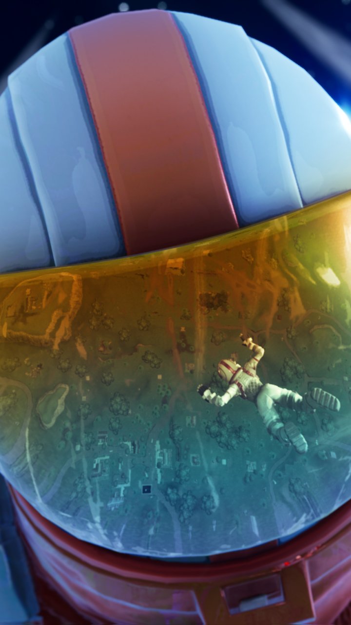 Phone wallpaper showing a Fortnite astronaut helmet close-up; the visor reflects a skydiving character and a miniature island landscape.