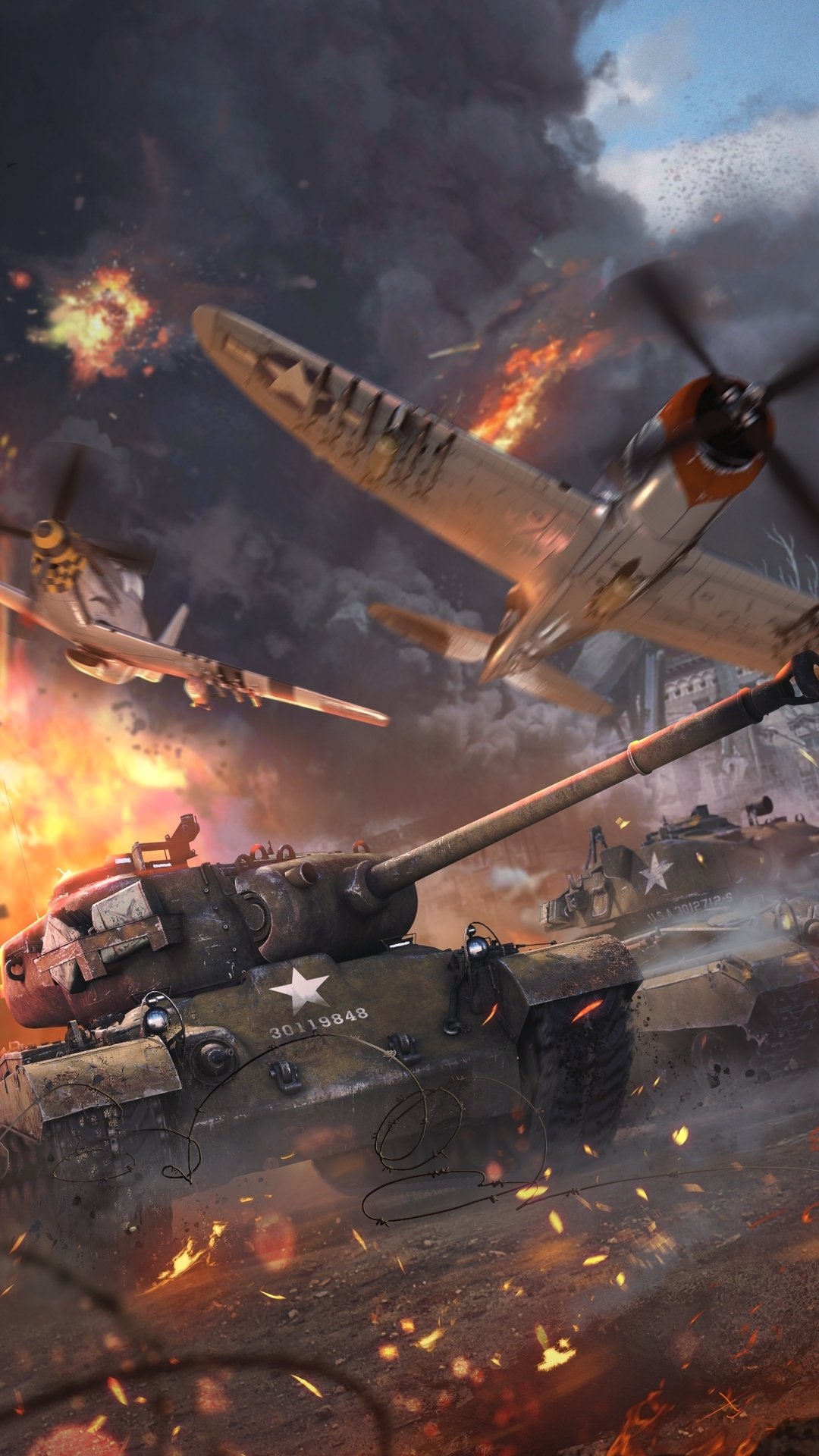 Phone wallpaper of a War Thunder video game battle: a tank fires across a burning battlefield while warplanes and aircraft dogfight through smoke.
